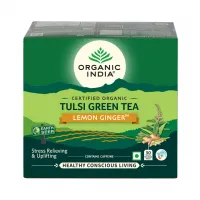 Зеленый чай тулси с лимоном и имбирем, 50 пакетиков, Органик Индия; Tulsi Green Tea with Lemon and Ginger, 50 Tea Bags, Organic India